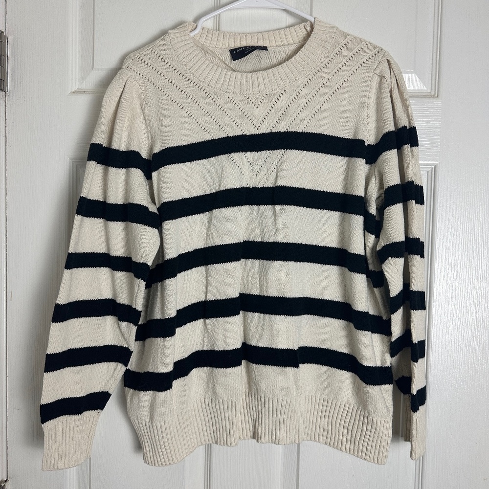 ! Lane Bryant Cream Black Winter Cozy Chunky Knit Striped Sweater Women 18/20